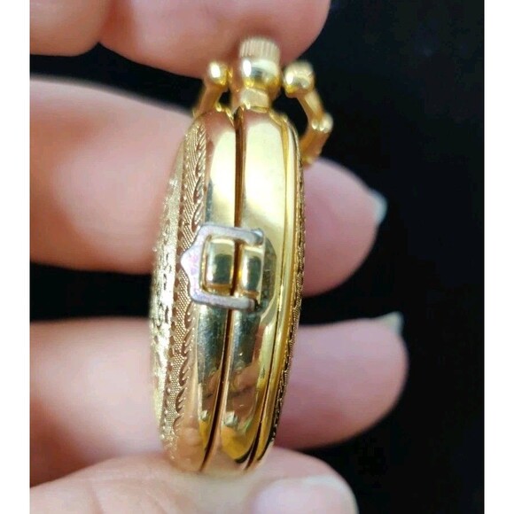 Vintage Oval Etched Quartz Pocket Watch Gold tone Pendant Not Working Butterfly